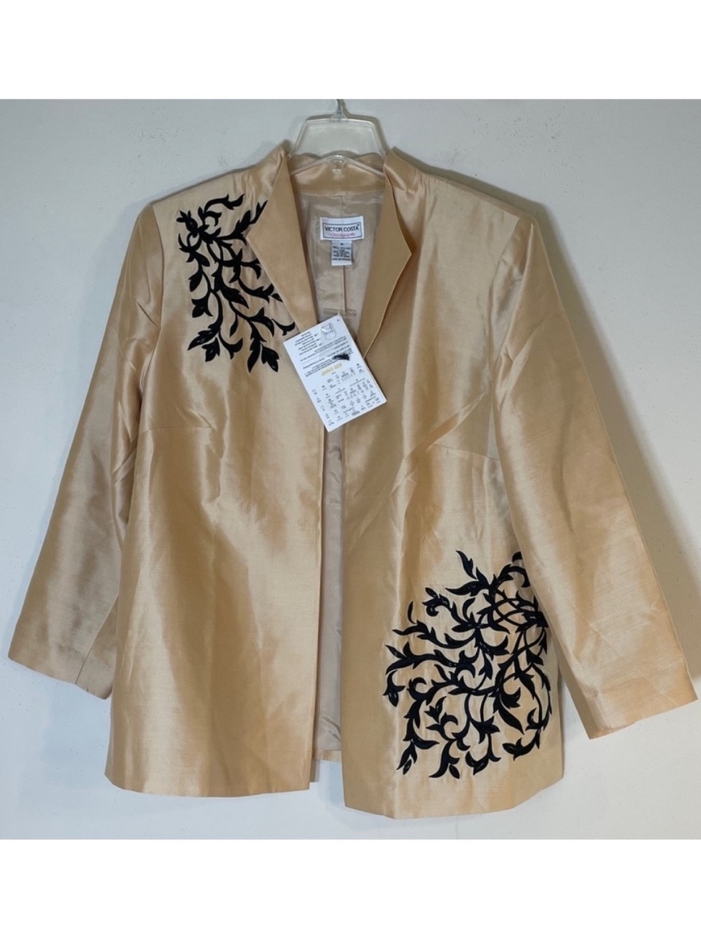 Silk-Tone Gold Open-Front Blazer with Black Embroidered Details